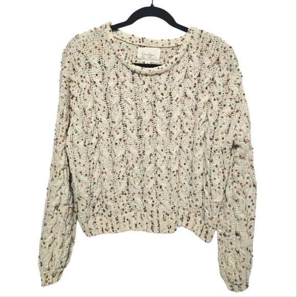 Chunky Cable Knit Sweater Neutral Colorful Pom Pom Cozy Chic Relaxed Fit Size M - Picture 1 of 10